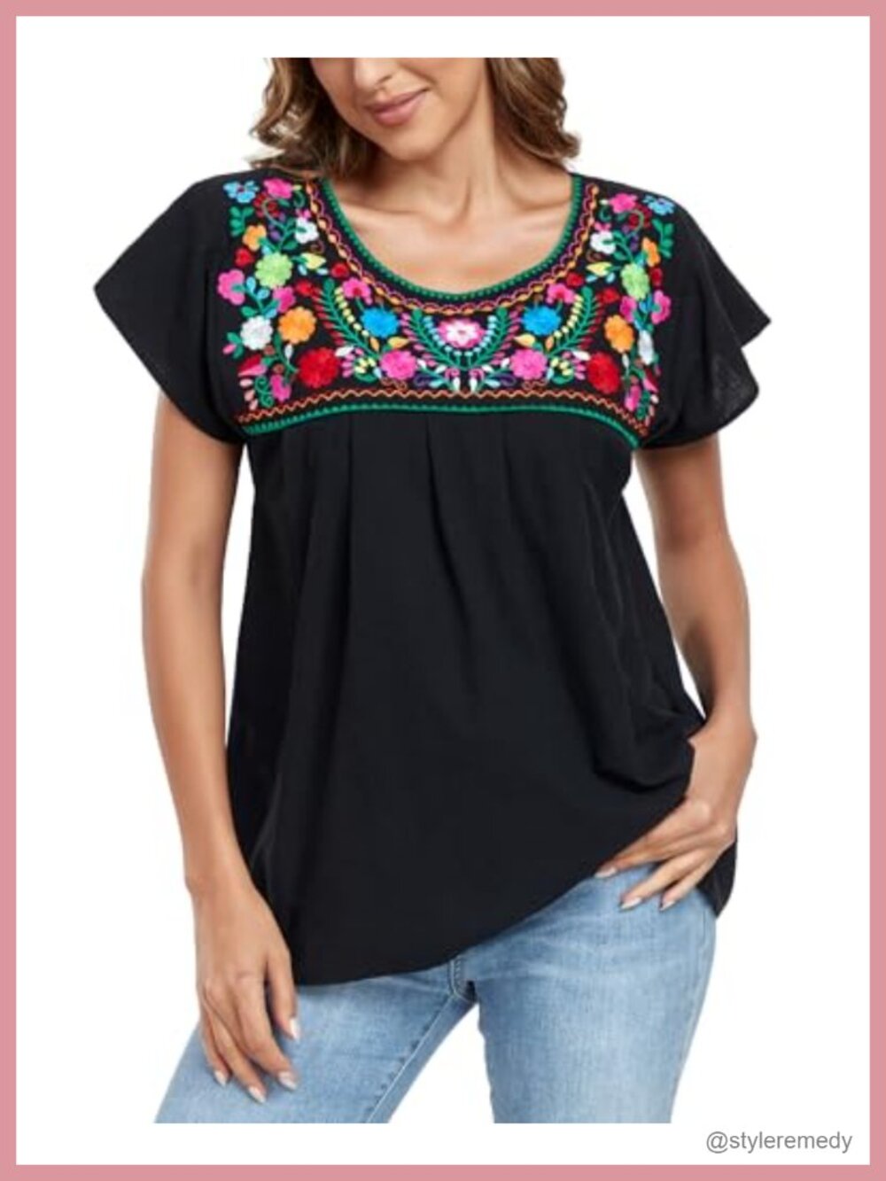 Embroidered Peasant Blouse Mexican Top Short Sleeve Summer Shirt